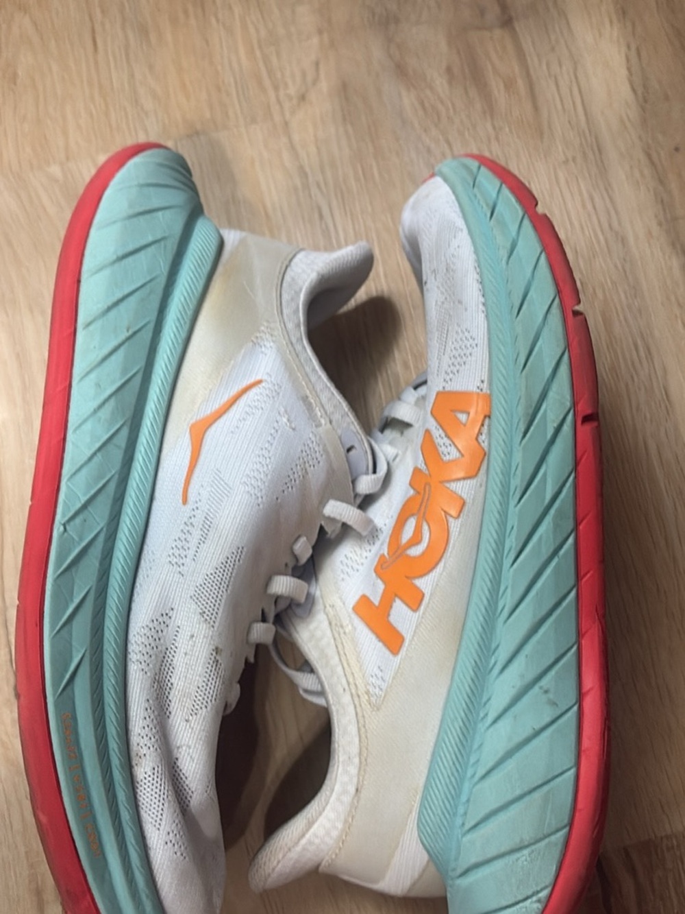 HOKA White Running Shoes with Aqua Midsole and Coral Outsole